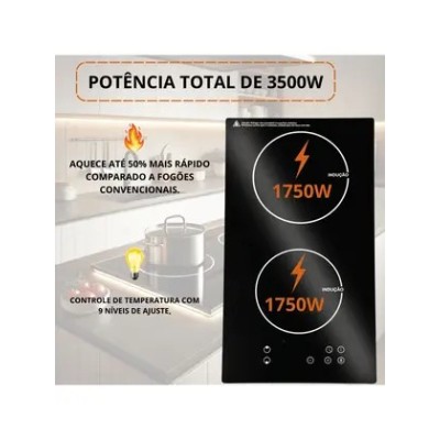 Fogão Cooktop Indução Elétrico 3500W 2 Bocas Vitrocerâmica Preto - mega prime